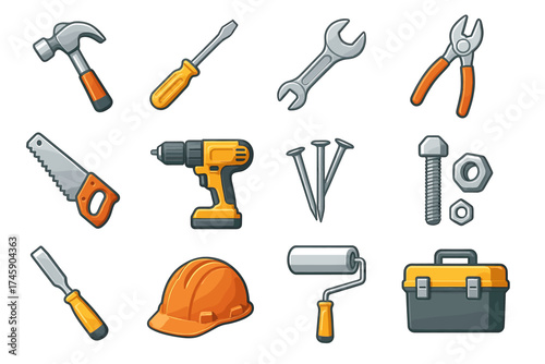 Colorful collection of hand tools and equipment for construction and repair projects