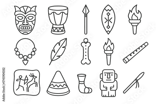 Collection of tribal icons featuring masks, drums, and weapons