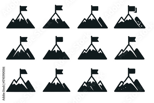 Set of twelve mountain icons with flags highlighting summit achievement