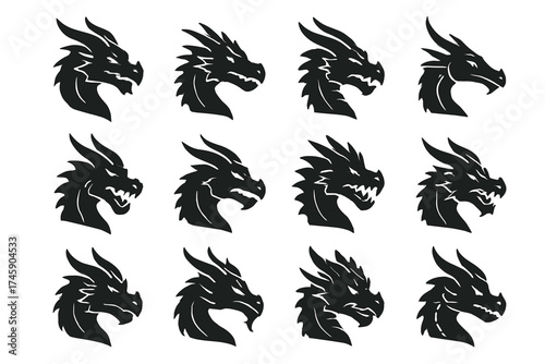 Set of black dragon silhouettes in various angles and expressions