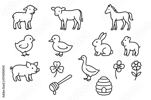 Farm animals and nature elements outline drawing with lamb, cow, and duck