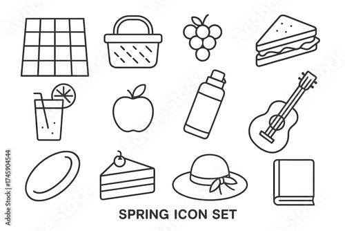 Spring icon set: basket, guitar, sandwich, hat, apple, cake, and more