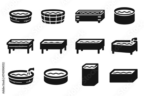 Collection of bath and tub icons in black silhouette style