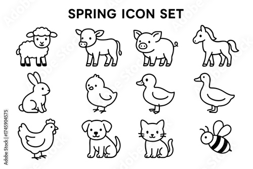 Spring animal icon set: sheep, cow, pig, horse, rabbit, chick, duck, chicken, puppy, kitten, bee