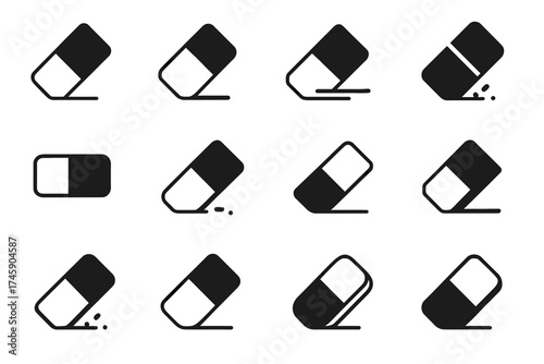 Set of eraser icons in various angles and styles on white background