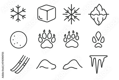 Winter symbols: snowflakes, ice cube, icicles, skiing, paw prints