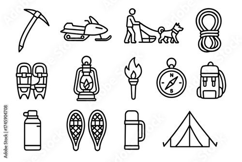 Outdoor adventure icons: equipment and activities for winter exploration