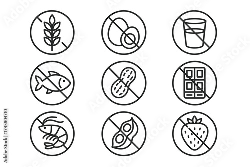 Allergen icons: gluten, dairy, peanuts, shellfish, soy, fish, eggs, strawberries, chocolate