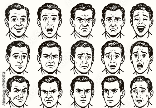 Male caucasian adult illustrations displaying various facial expressions