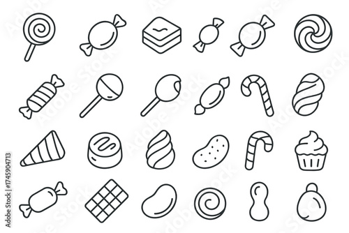 Outline icons of candy and sweets: lollipops, cupcakes, and more