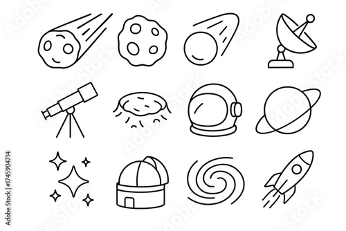 Outline icons of space objects: asteroids, telescope, rocket, astronaut, planet, galaxy