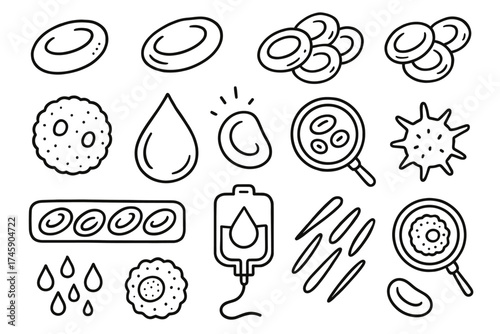 Black and white medical icons: blood cells, petri dishes, and droplets