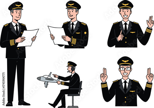 Cartoon male pilot characters, aviation uniforms, cockpit gestures, paper handling, desk activity, vector illustration for airline, animation, stock image