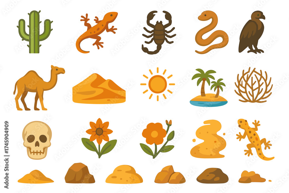 Fototapeta premium Desert icons set: cactus, animals, skull, sun, plants, sand