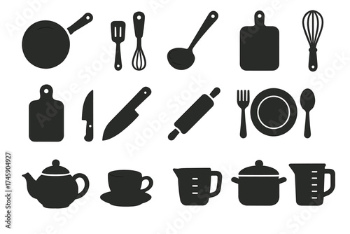 Collection of kitchen utensils and cookware icons in black silhouettes