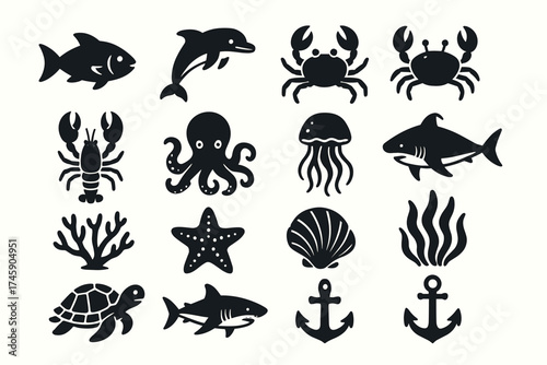 Silhouette icons of marine life: fish, dolphin, crab, octopus, shark, and sea creatures