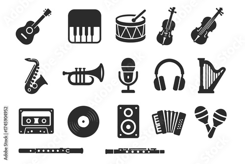 Collection of musical instrument icons including guitar, piano, violin, and saxophone
