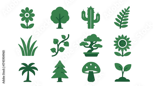 Collection of green nature icons featuring trees, plants, and flowers