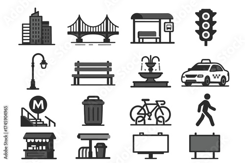 Urban icon set featuring cityscape elements and transport symbols