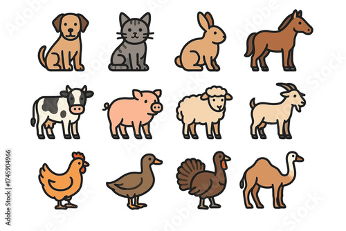 Cartoon farm animals collection: dog, cat, rabbit, horse, cow, pig, sheep, goat, chicken, duck, turkey, camel