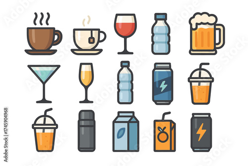 Colorful beverage icons set: coffee, wine, water, beer, and juice illustrations