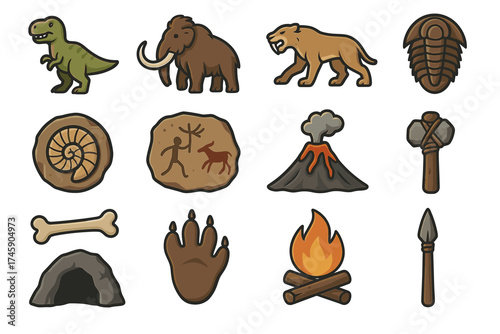 Prehistoric icons: dinosaurs, mammoth, saber-tooth, trilobite, tools, and symbols