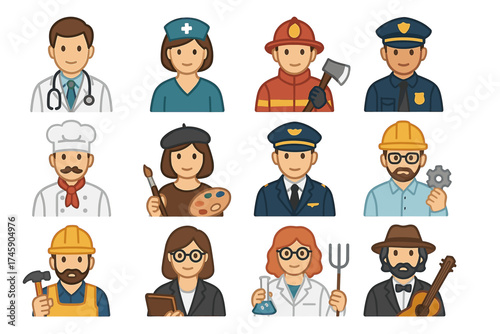 Diverse male and female professions icons illustrating various occupations