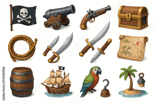 Pirate adventure icons: treasure chest, cannon, pirate ship, parrot, map