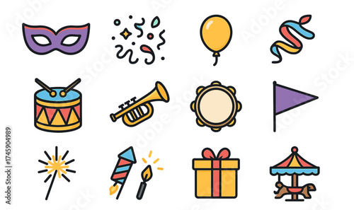 Colorful party elements: mask, confetti, balloon, drum, trumpet, gift