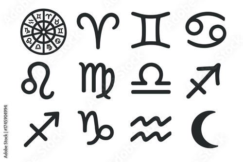 Astrological zodiac symbols collection featuring twelve iconic representations