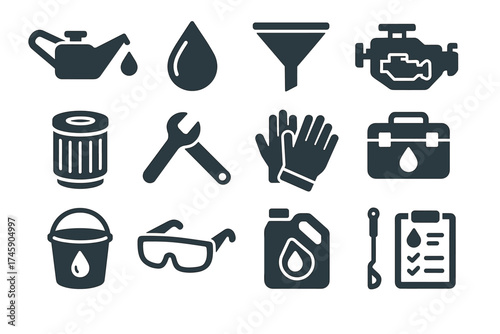 Car maintenance icons: tools, engine, oil, safety, checklist