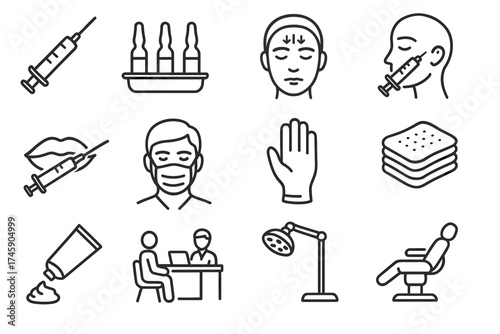 Cosmetic procedures icons: syringe, botox, lip injection, consultation, equipment