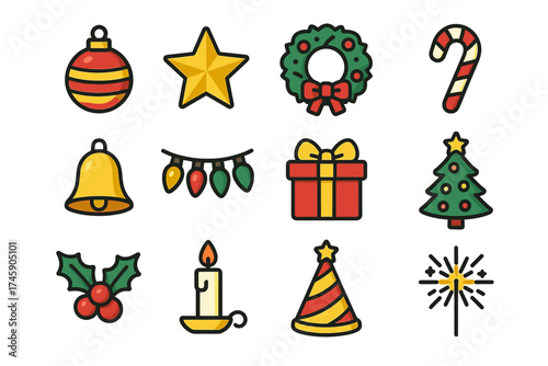 Festive christmas icons: ornaments, wreath, candy cane, bell, lights, gift, tree, holly, candle, party hat, sparkler