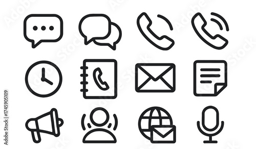 Communication icon set: chat, phone, email, and media symbols in outline style