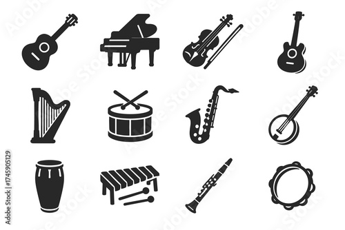 Silhouette icons of musical instruments: guitar, piano, violin, harp, drum, saxophone, banjo, tambourine