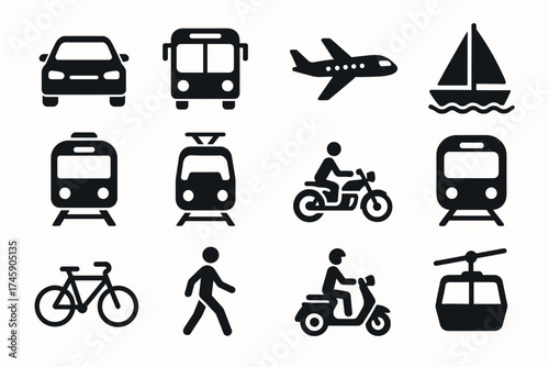 Transportation icons: car, bus, airplane, boat, train, bicycle, motorcycle, walking, scooter, cable car