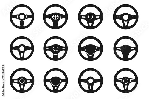 Various steering wheel designs illustrated on white background