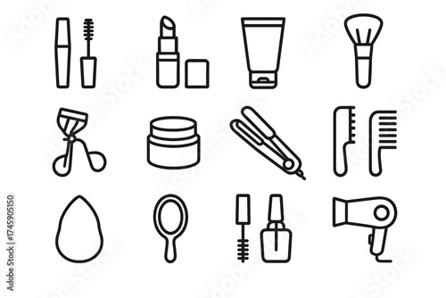 Essential beauty and haircare icon set: makeup, skincare, hair styling tools