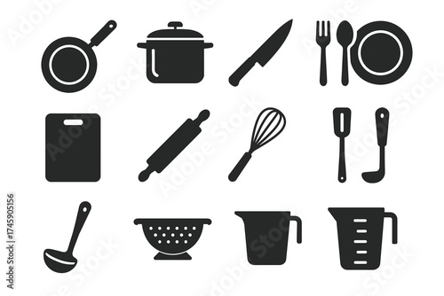 Black kitchen utensils silhouettes: fry pan, pot, knife, cutlery, plates, and more