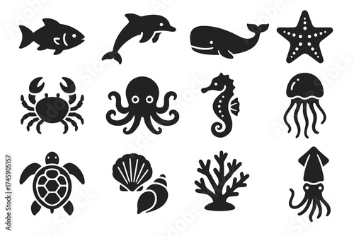 Black silhouettes of marine animals: fish, dolphin, whale, starfish, crab, octopus, seahorse, jellyfish, turtle, shell, coral, squid