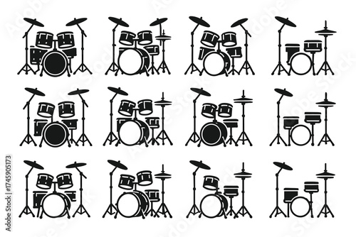 Collection of black drum kit silhouettes in various configurations on white background