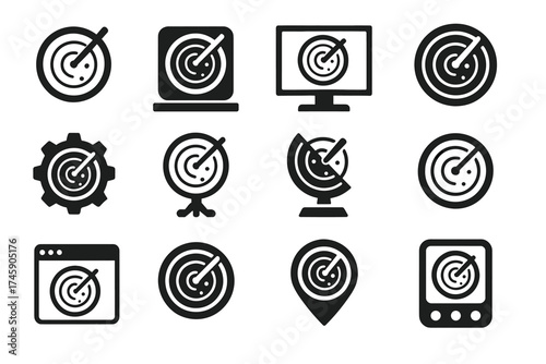 Set of black radar icons in various styles for online and offline use