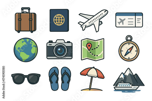 Travel icons collection with passport, airplane, map, camera, and compass