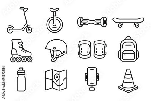 Outline icons of outdoor gear: scooter, unicycle, hoverboard, skateboard, rollerblades, helmet, pads, backpack, bottle, map, phone holder, cone