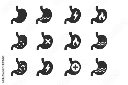 Set of stomach icons illustrating pain, discomfort, and medical conditions