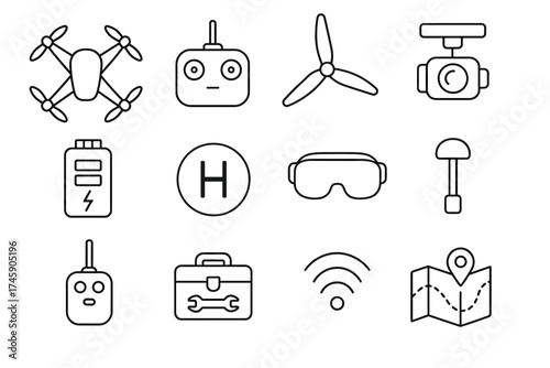 Drone equipment icons: drone, controller, propeller, camera, battery, landing pad