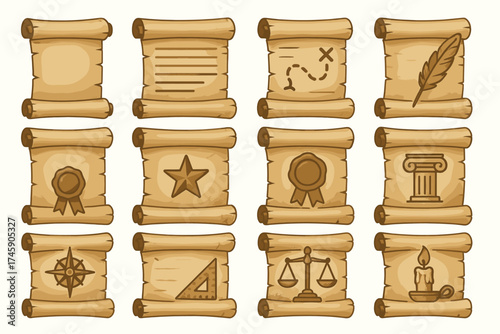 Ancient scroll icons set with awards, symbols, and navigation tools