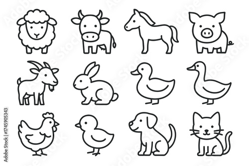 Simple line art of farm animals including sheep, cow, horse, pig, goat, rabbit, ducks, chicken, dog, and cat