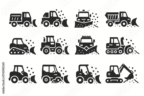 Set of snow removal vehicle icons: trucks, bulldozers, and tractors with snowplows