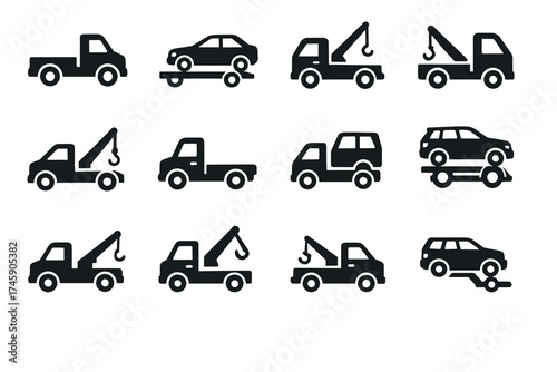 Set of tow and transport truck icons in various configurations